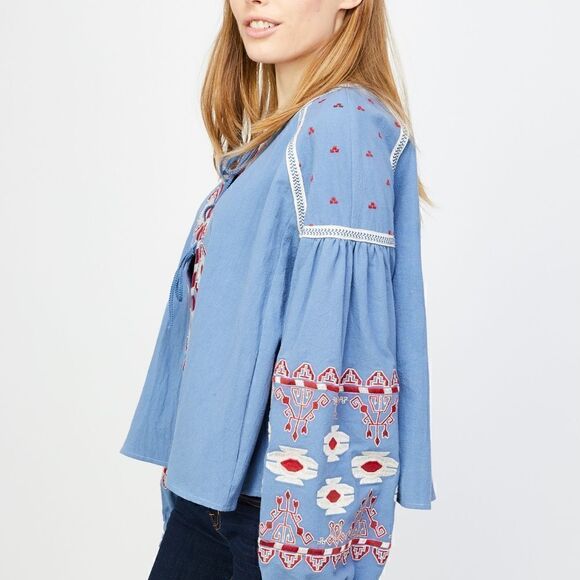 EUC‎ Anthropologie RD + Koko Jacket in Slate Blue w/ Red White Embroidery LARGE - Picture 2 of 4